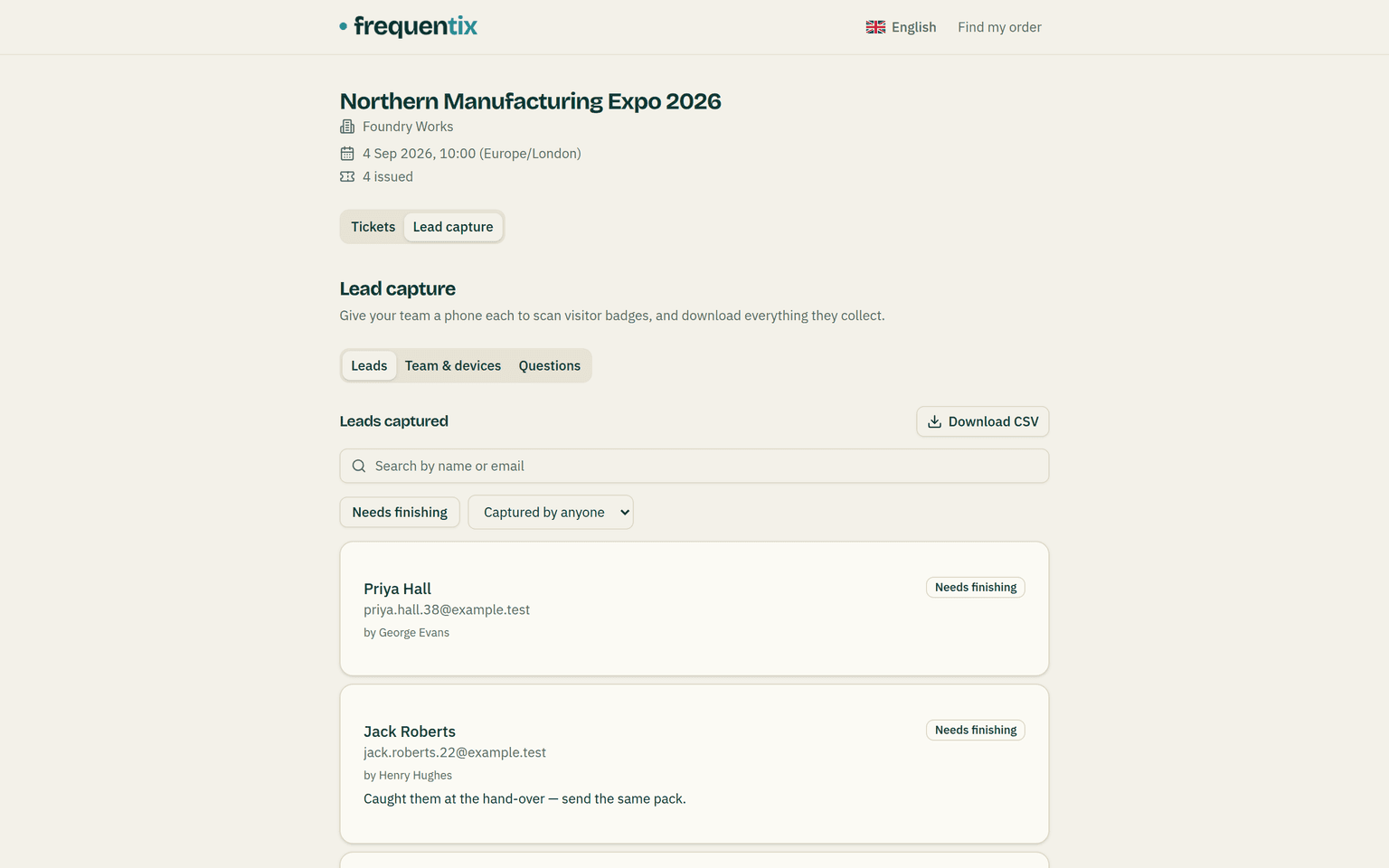 Leads captured on the stand's manage link: a Download CSV button, search, a Needs finishing toggle and a Captured by anyone filter, then leads attributed by colleague — including a note reading Caught them at the hand-over — send the same pack.