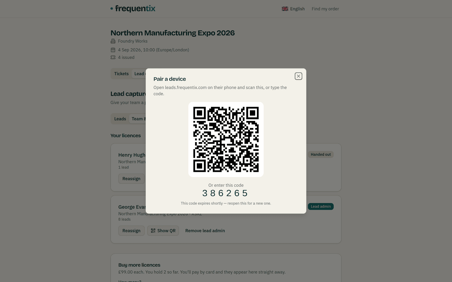 The Pair a device dialog over the licences view: a large QR code, the words Or enter this code above the 6-digit code 386265, and a note that the code expires shortly.