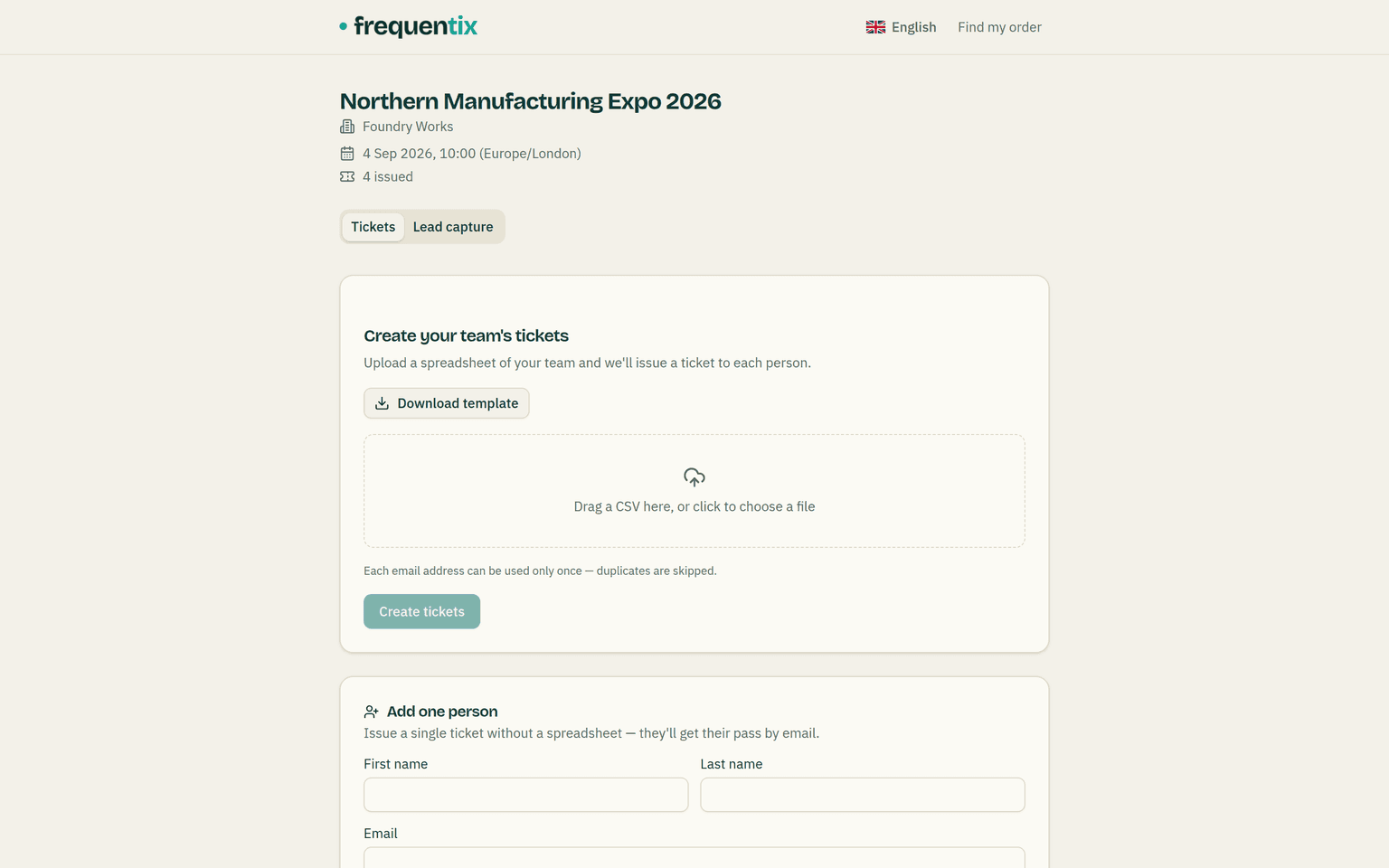 A company's manage link in the storefront: the event and company named at the top with Tickets and Lead capture tabs, a Create your team's tickets card with a CSV drop zone and Download template button, and an Add one person form with first name, last name and email fields.
