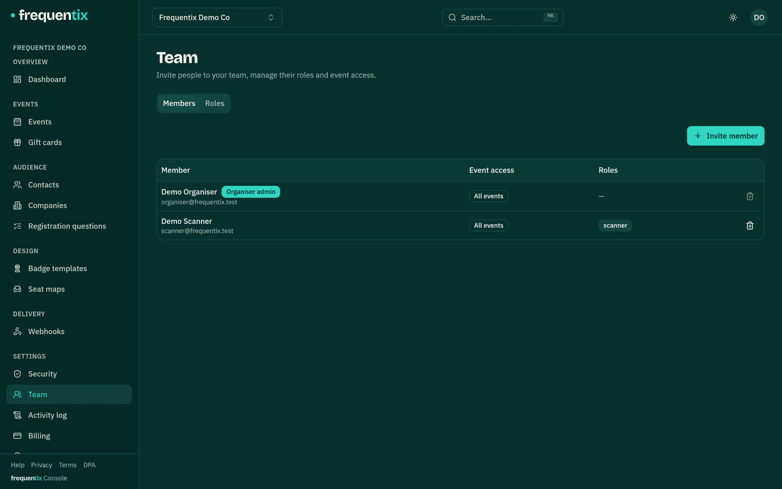 Settings → Team: a members table listing each person with their role badge and event access, and an Invite member button.