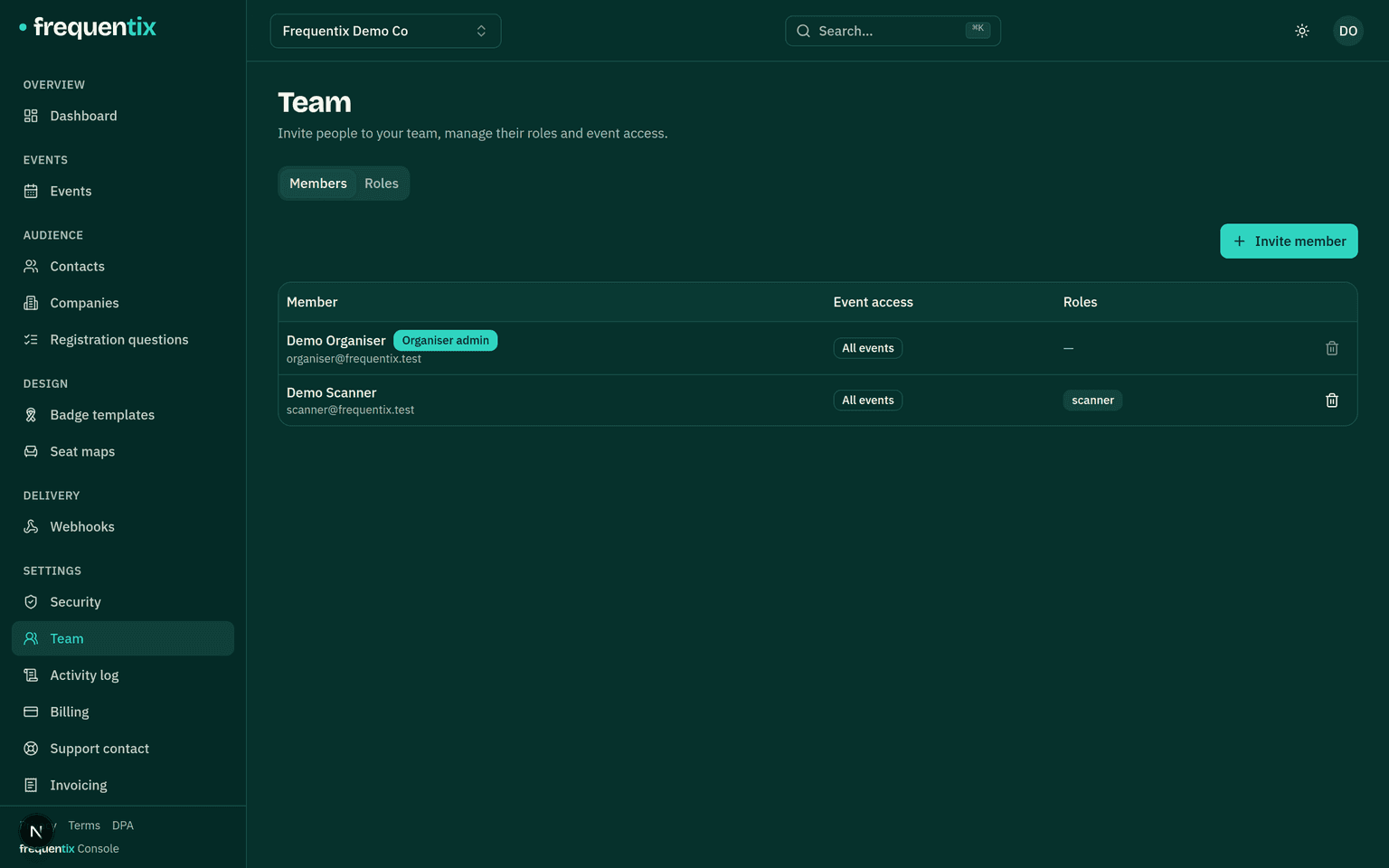Settings → Team: a members table listing each person with their role badge and event access, and an Invite member button.