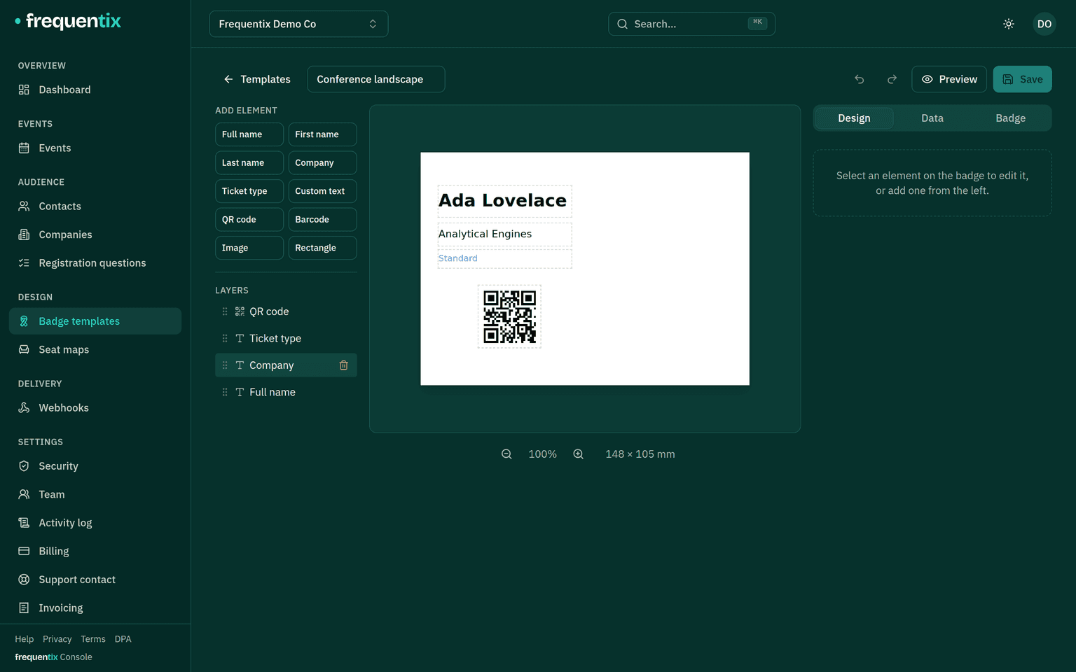 The badge template editor: an element palette and layer list beside a live 148 × 105 mm canvas showing a name, company, ticket type and QR code.