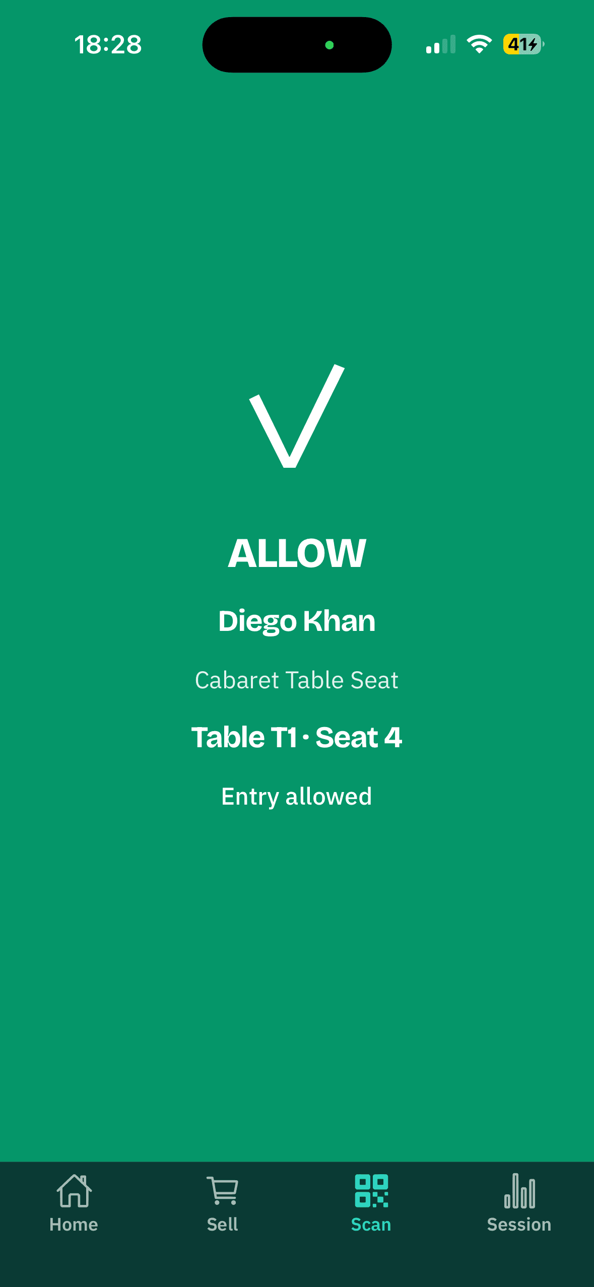 A scan verdict: a full-screen green allow with the attendee's name, ticket type and seat.
