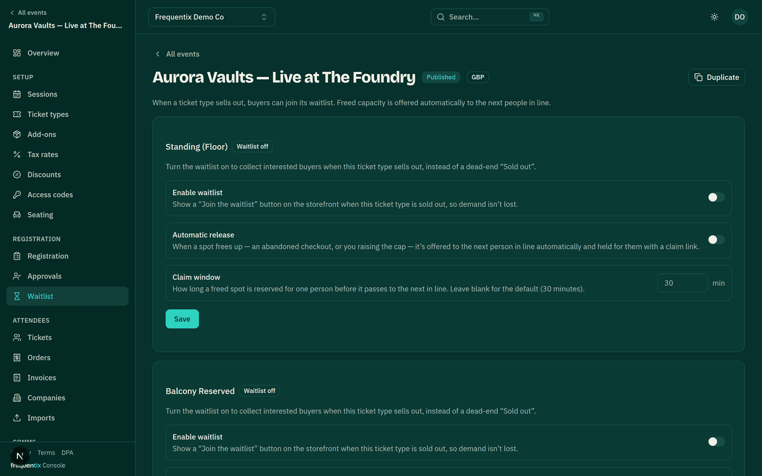 The event’s Waitlist: queued buyers in order, offers in flight with their claim windows.