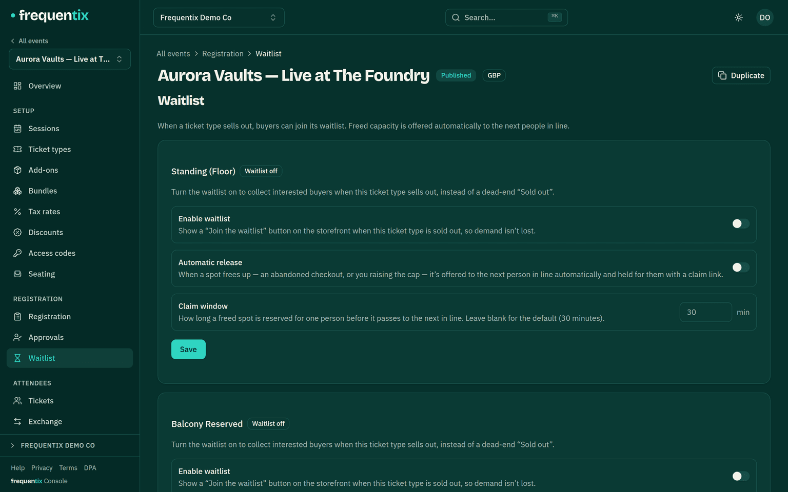 The event’s Waitlist: queued buyers in order, offers in flight with their claim windows.