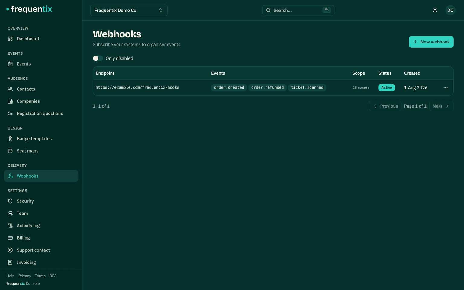 The console's Webhooks page: one active endpoint subscribed to order.created, order.refunded and ticket.scanned, scoped to all events.
