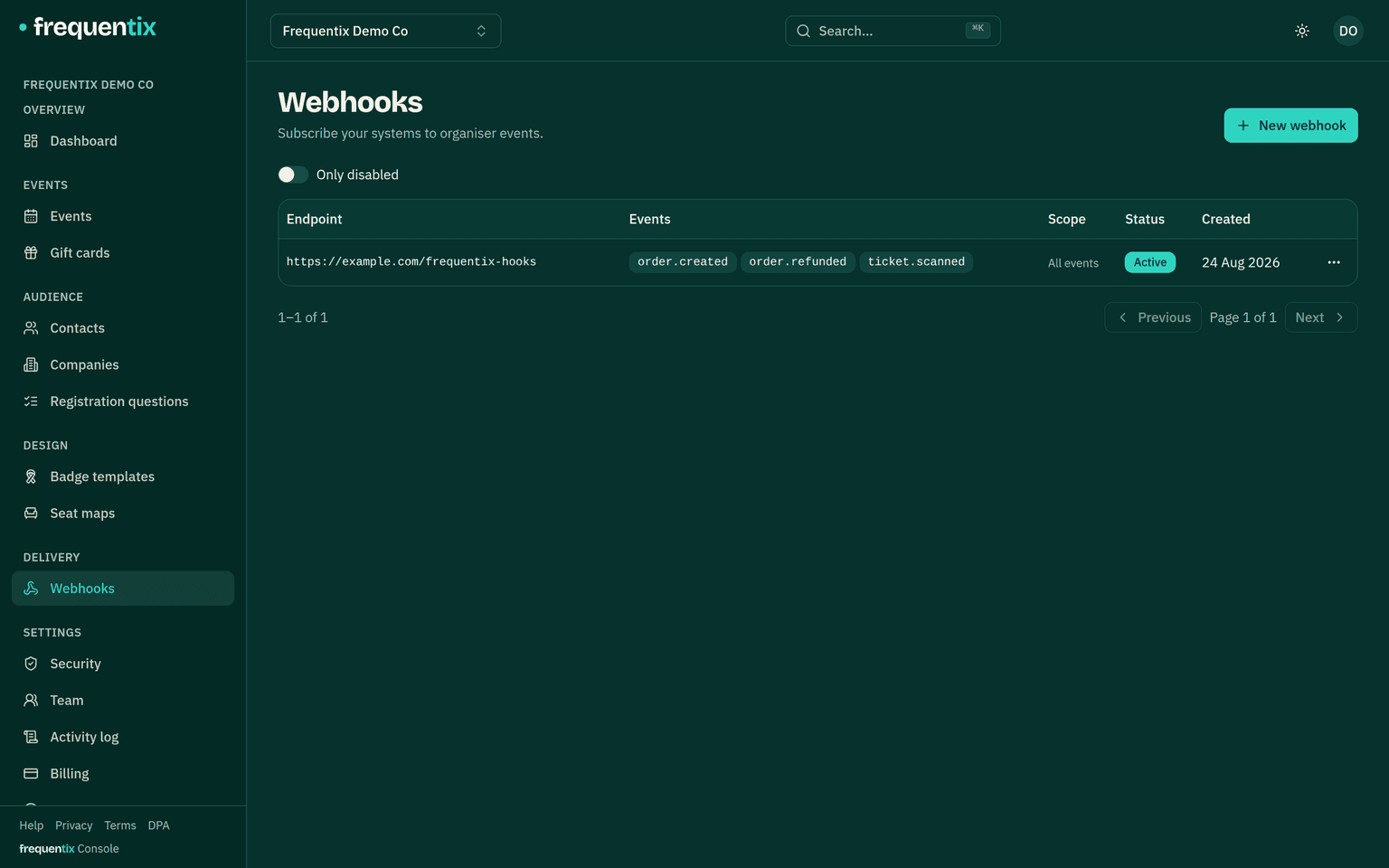 The console's Webhooks page: one active endpoint subscribed to order.created, order.refunded and ticket.scanned, scoped to all events.